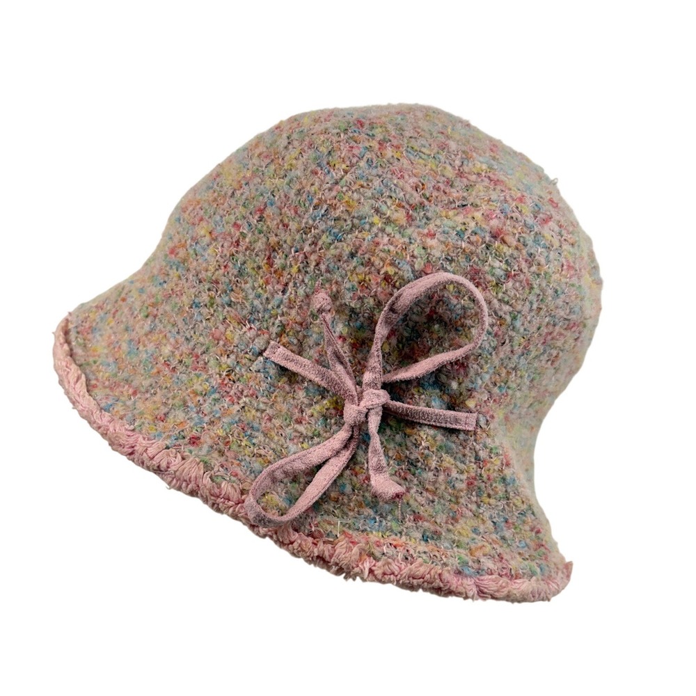Nine West Vintage Cloche Bucket Hat Pink Pastel Tweed Bow Accent Y2K Style